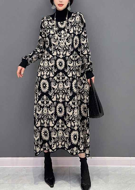 Slim Fit Schwarz Rollkragen Print Strickpullover Kleider Winter