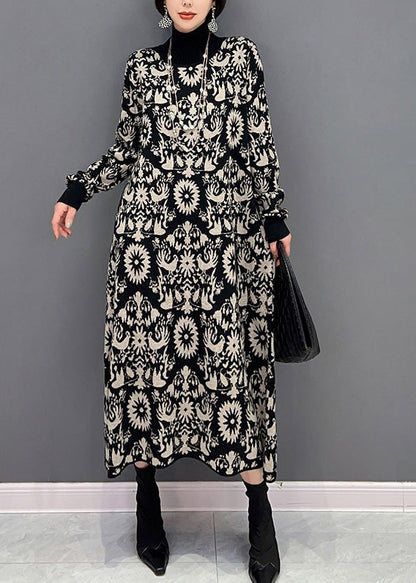 Slim Fit Schwarz Rollkragen Print Strickpullover Kleider Winter