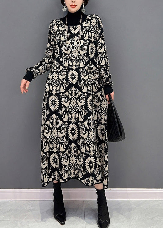 Slim Fit Schwarz Rollkragen Print Strickpullover Kleider Winter