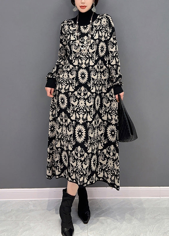 Slim Fit Schwarz Rollkragen Print Strickpullover Kleider Winter