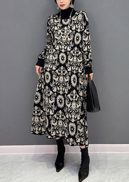 Slim Fit Schwarz Rollkragen Print Strickpullover Kleider Winter