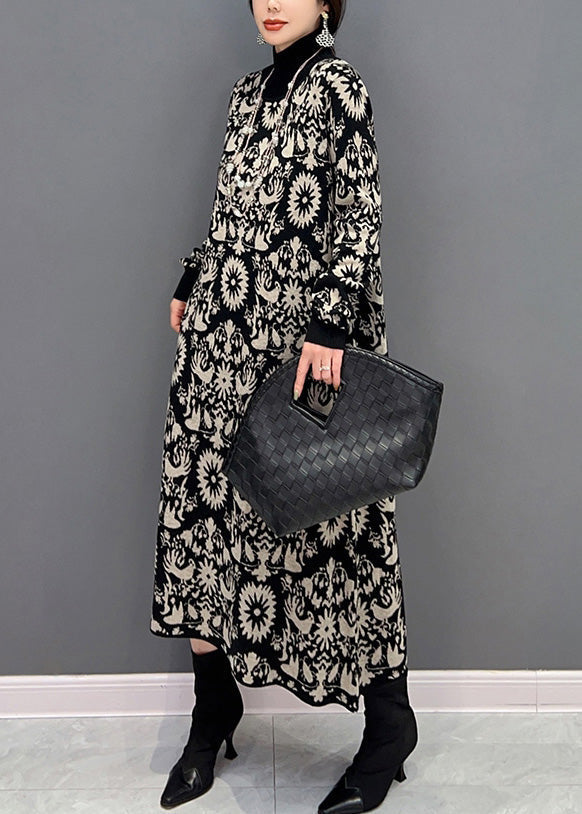 Slim Fit Schwarz Rollkragen Print Strickpullover Kleider Winter