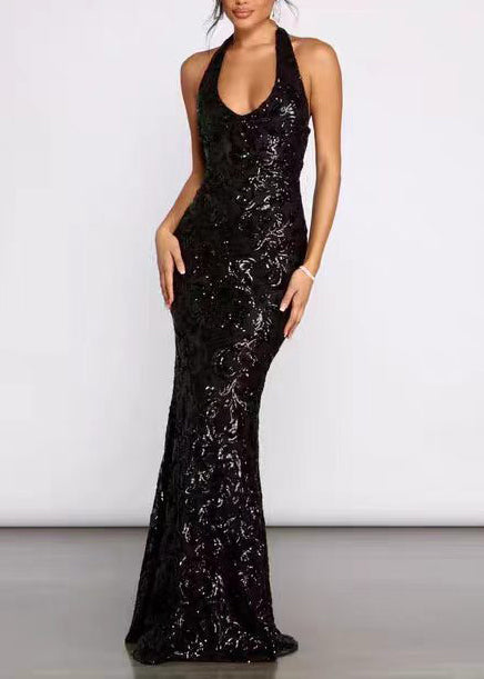 Slim Fit Black V Neck Halter Sequins Party Dress Sleeveless