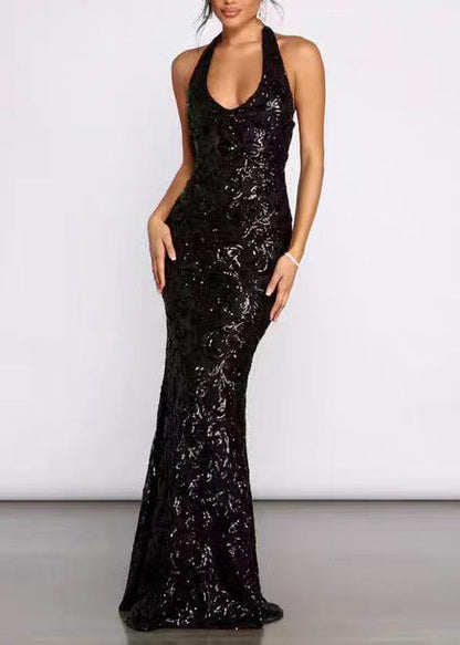 Slim Fit Black V Neck Halter Sequins Party Dress Sleeveless