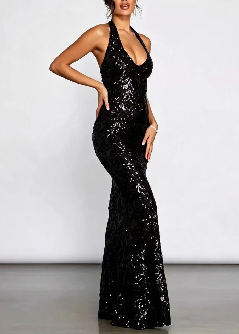 Slim Fit Black V Neck Halter Sequins Party Dress Sleeveless