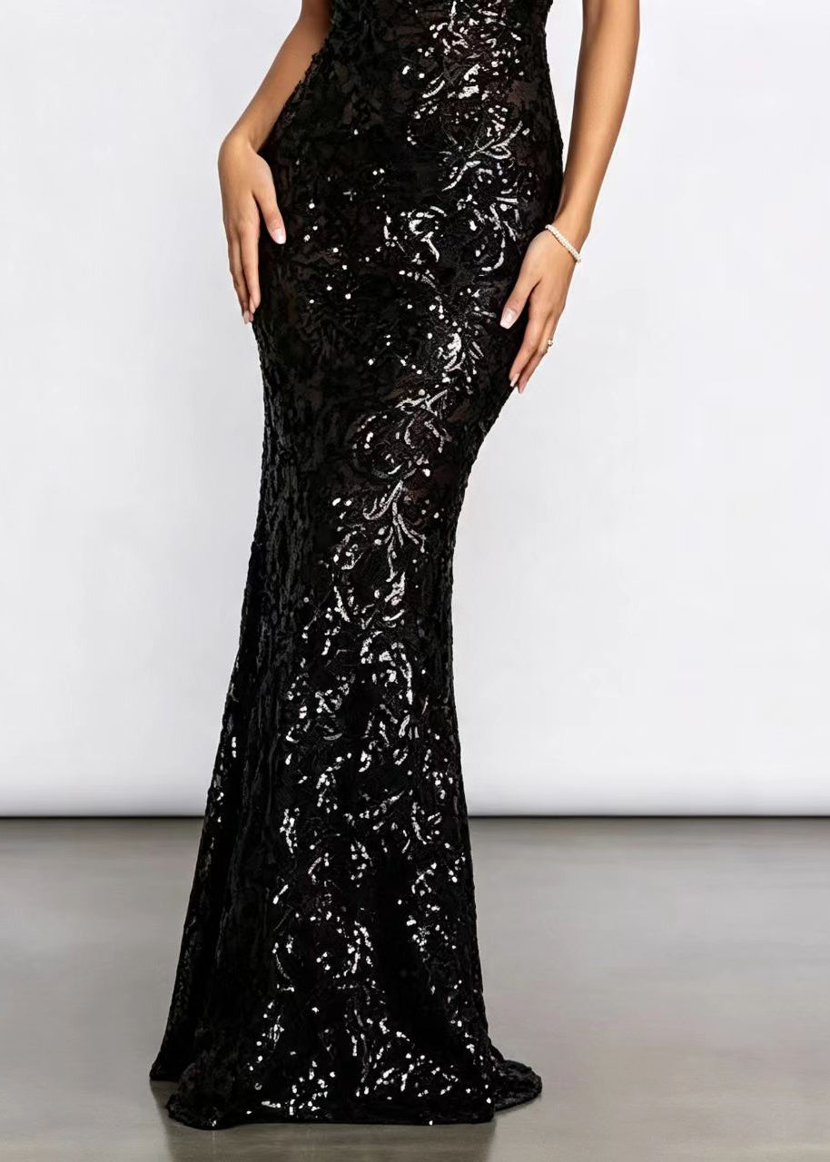 Slim Fit Black V Neck Halter Sequins Party Dress Sleeveless