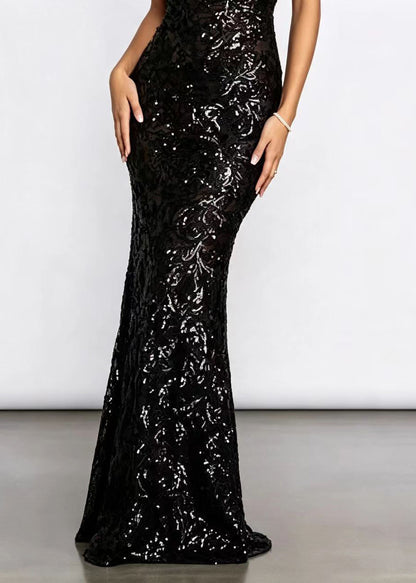 Slim Fit Black V Neck Halter Sequins Party Dress Sleeveless