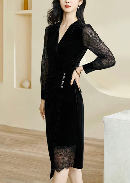 Vestido largo ajustado de encaje con cuello en V y patchwork negro para otoño