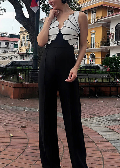Slim Fit Black V Neck Patchwork Cotton Jumpsuit Sleeveless