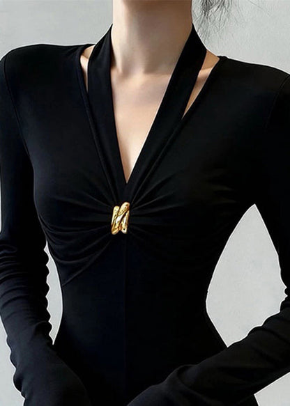 Slim Fit Black V Neck Patchwork Cotton T Shirt Tops Spring