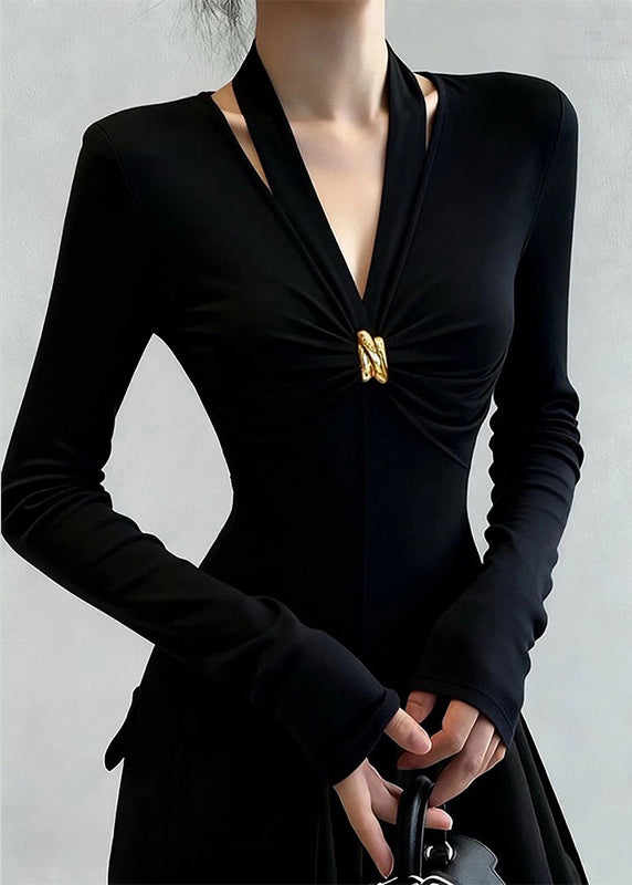 Slim Fit Black V Neck Patchwork Cotton T Shirt Tops Spring