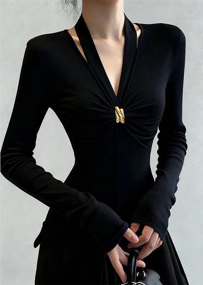 Slim Fit Black V Neck Patchwork Cotton T Shirt Tops Spring