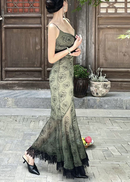 Slim Fit Blackish Green V Neck Lace Patchwork Spaghetti Strap Dress Sleeveless