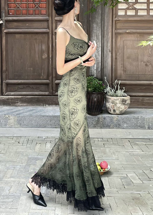 Slim Fit Blackish Green V Neck Lace Patchwork Spaghetti Strap Dress Sleeveless