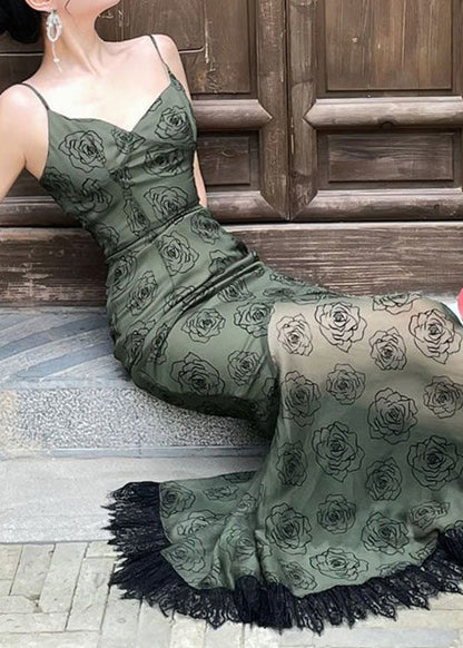 Slim Fit Blackish Green V Neck Lace Patchwork Spaghetti Strap Dress Sleeveless