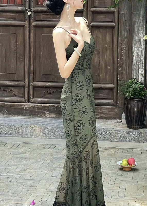 Slim Fit Blackish Green V Neck Lace Patchwork Spaghetti Strap Dress Sleeveless