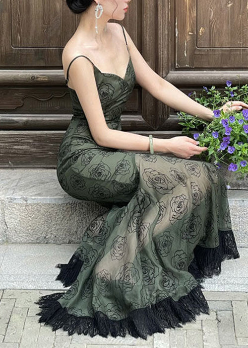 Slim Fit Blackish Green V Neck Lace Patchwork Spaghetti Strap Dress Sleeveless