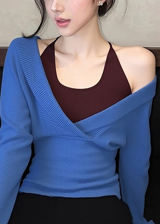 Slim Fit Blue False Two Pieces Patchwork Knit Sweaters Fall
