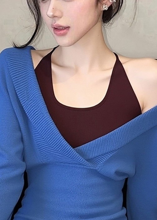 Slim Fit Blue False Two Pieces Patchwork Knit Sweaters Fall