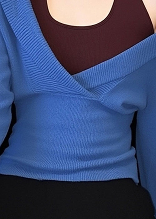 Slim Fit Blue False Two Pieces Patchwork Knit Sweaters Fall