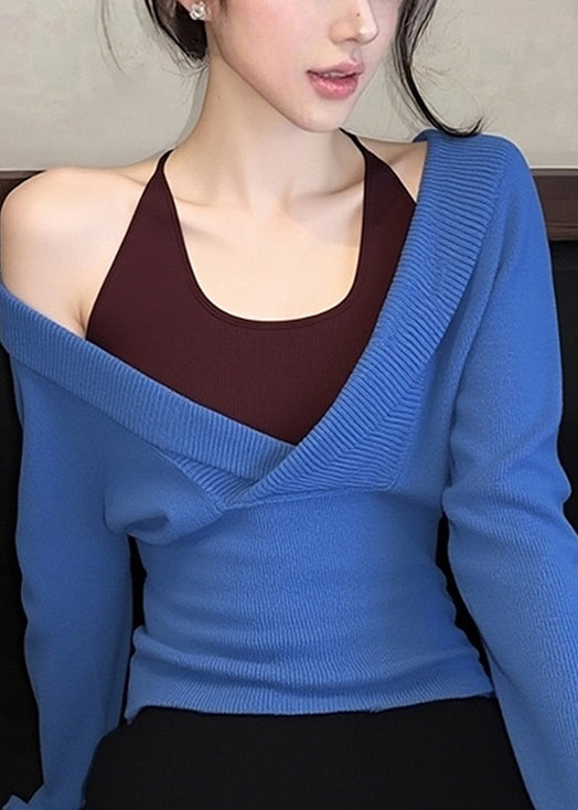 Slim Fit Blue False Two Pieces Patchwork Knit Sweaters Fall
