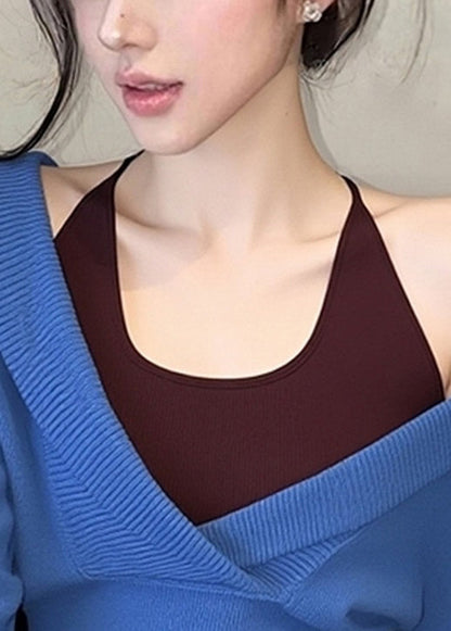 Slim Fit Blue False Two Pieces Patchwork Knit Sweaters Fall