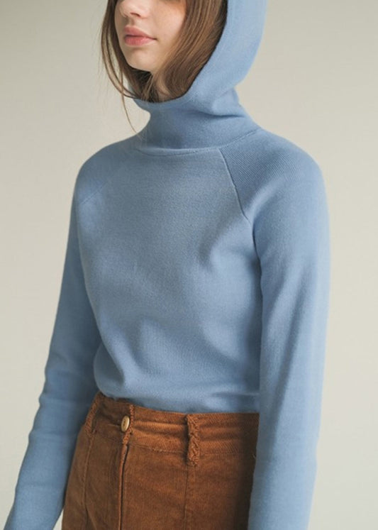 Suéteres de algodón de punto liso con capucha azul de corte entallado para invierno