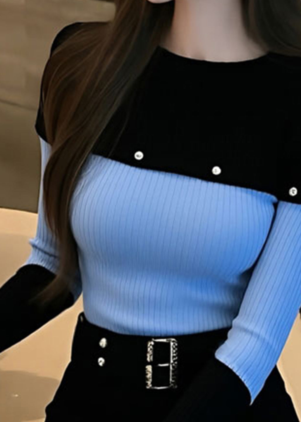 Slim Fit Blue O-Neck Patchwork Knit Sweater Winter