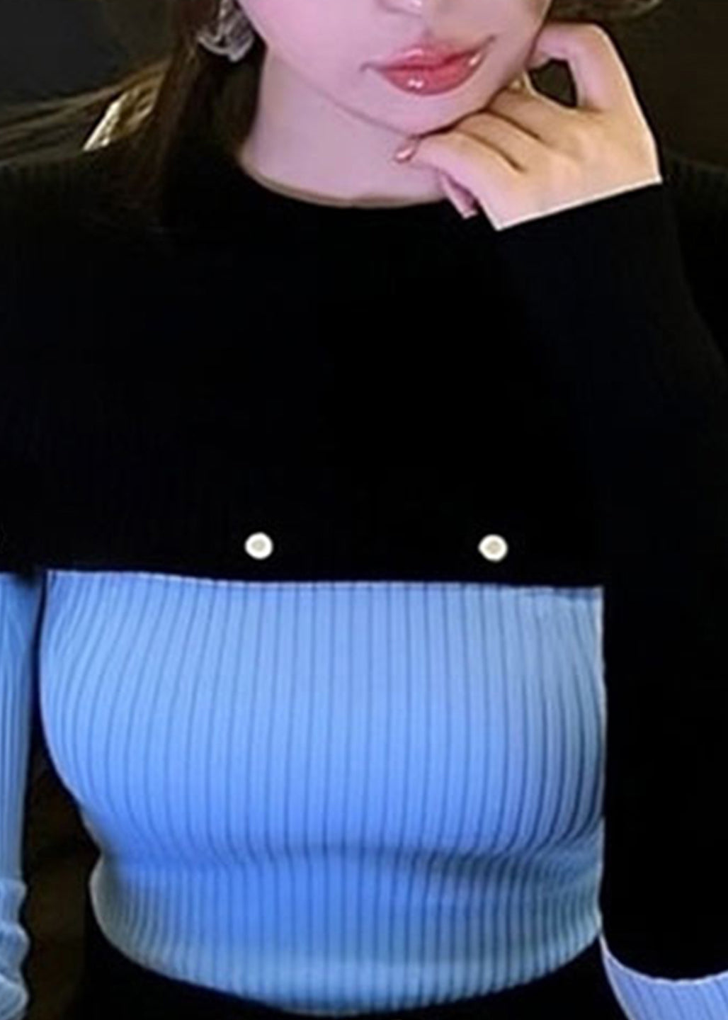 Slim Fit Blue O-Neck Patchwork Knit Sweater Winter