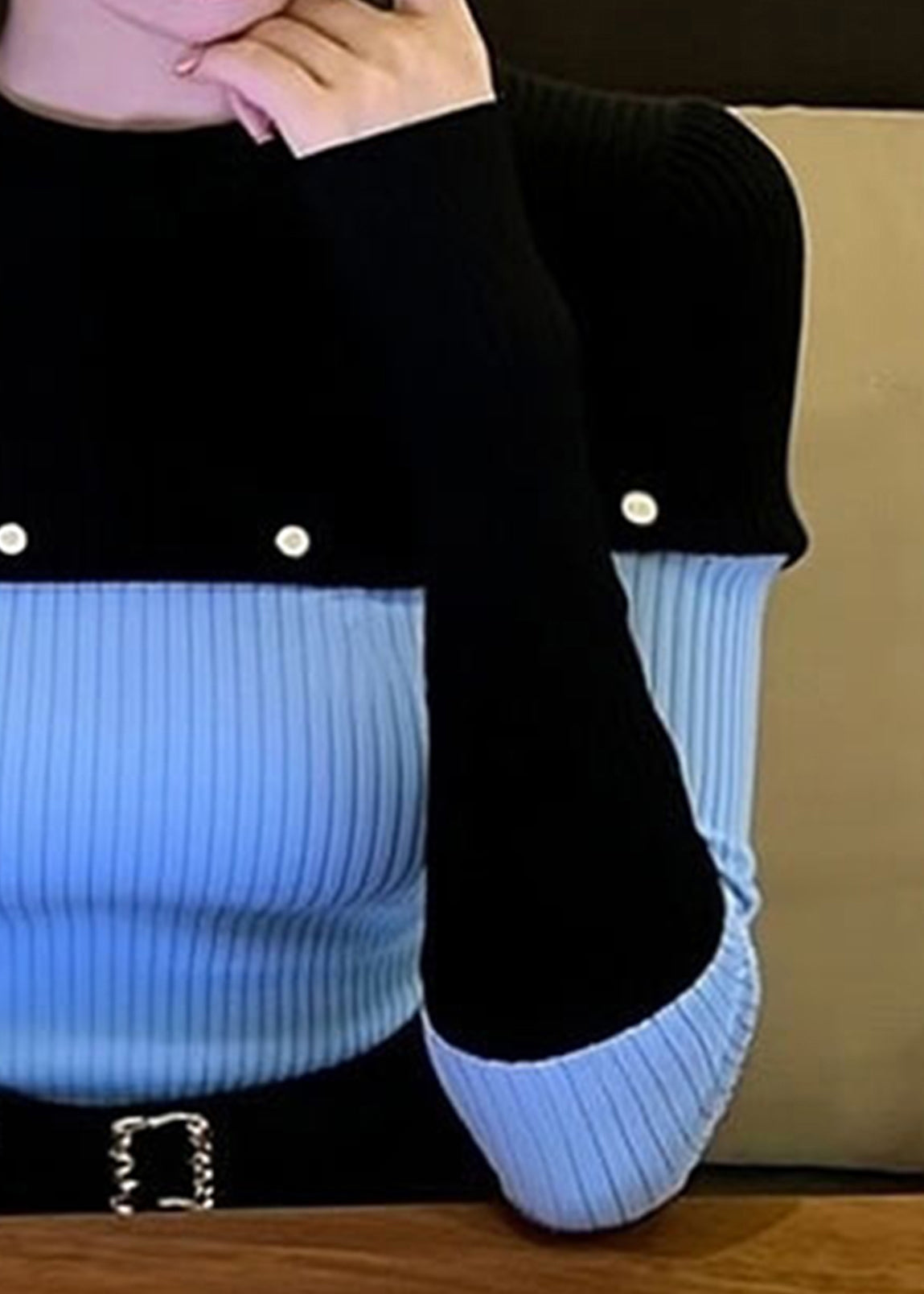 Slim Fit Blue O-Neck Patchwork Knit Sweater Winter