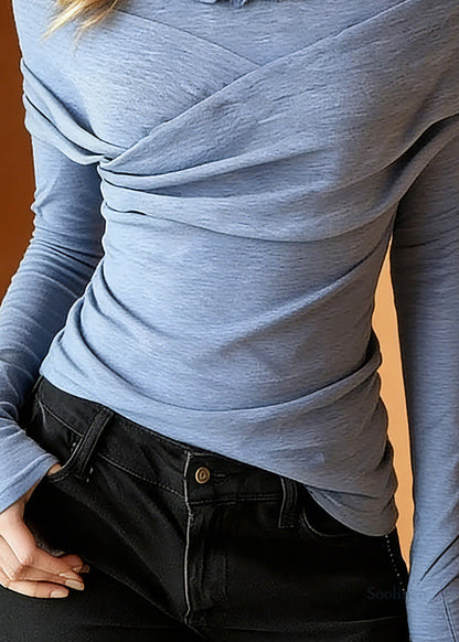 Slim Fit Blue O-Neck Ruffled Wrinkled Knit Top Spring