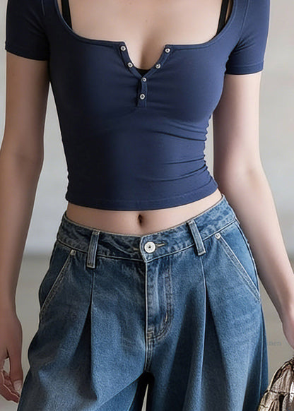 Slim Fit Blue Patchwork Solid T Shirts Summer