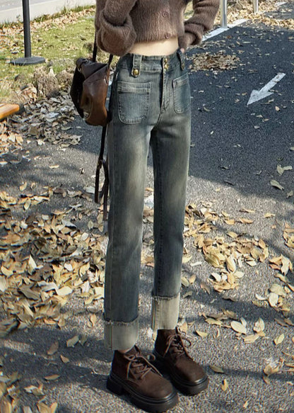 Schmal geschnittene, blaue Jeans mit Taschen, hoher Bund, Cropped-Hose für den Frühling