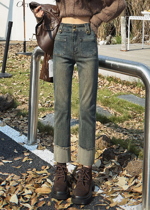 Schmal geschnittene, blaue Jeans mit Taschen, hoher Bund, Cropped-Hose für den Frühling