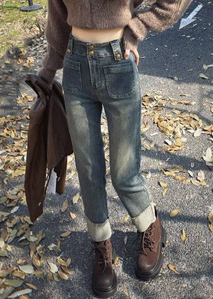 Schmal geschnittene, blaue Jeans mit Taschen, hoher Bund, Cropped-Hose für den Frühling