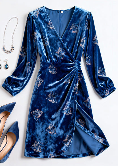 Slim Fit Blue Print Wrinkled Silk Velvet Dress Spring