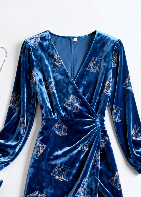 Slim Fit Blue Print Wrinkled Silk Velvet Dress Spring