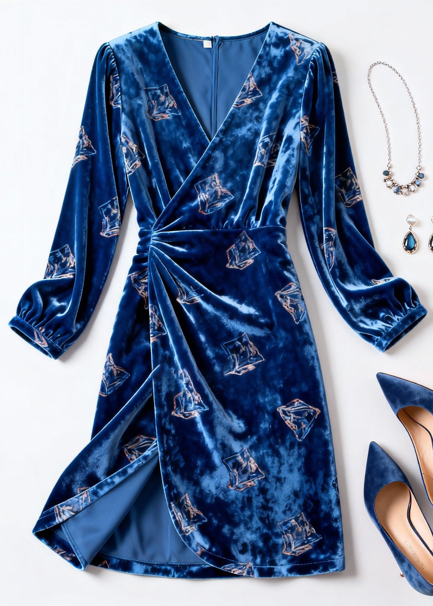 Slim Fit Blue Print Wrinkled Silk Velvet Dress Spring