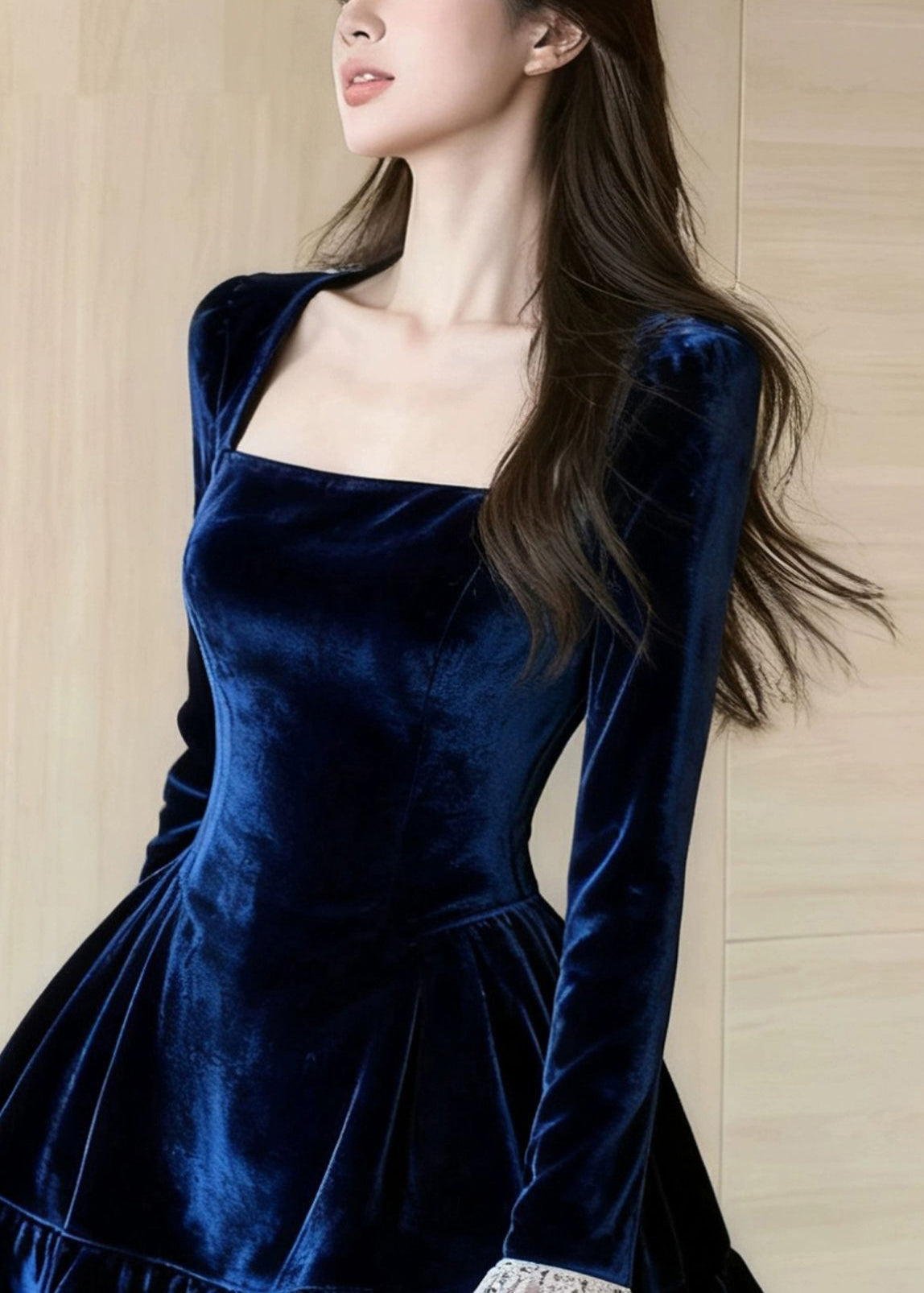 Slim Fit Blue Ruffled Lace Patchwork Silk Velvet Mini Dresses Spring