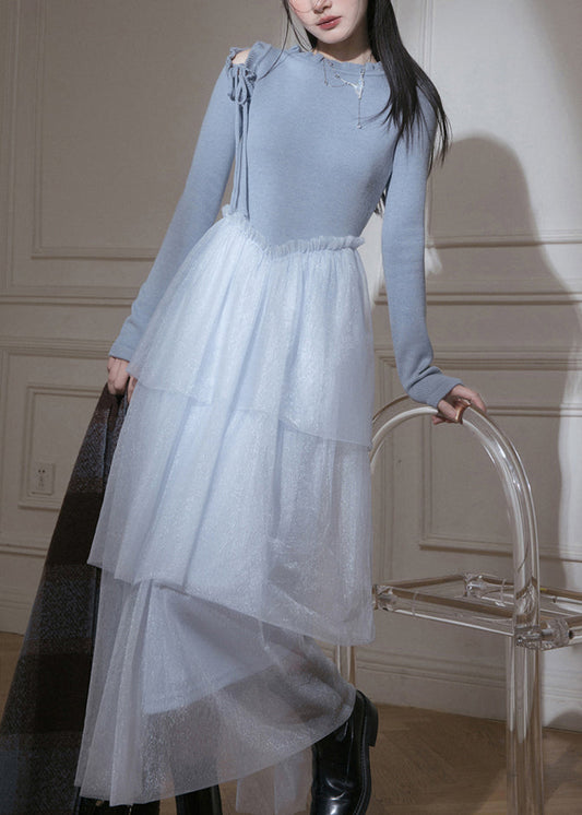 Schmal geschnittene, lange, blaue Rüschenkleider aus Tüll-Patchwork-Strick für den Frühling