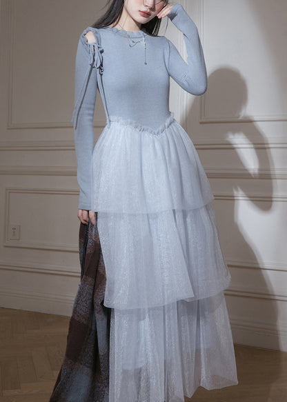 Schmal geschnittene, lange, blaue Rüschenkleider aus Tüll-Patchwork-Strick für den Frühling