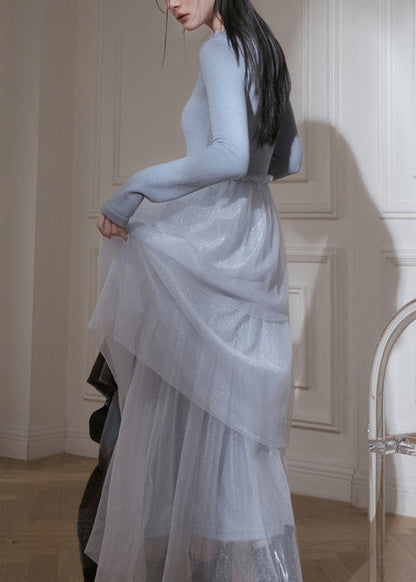 Schmal geschnittene, lange, blaue Rüschenkleider aus Tüll-Patchwork-Strick für den Frühling