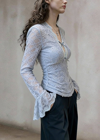 Slim Fit Blue V Neck Bow Lace T Shirt Flare Sleeve