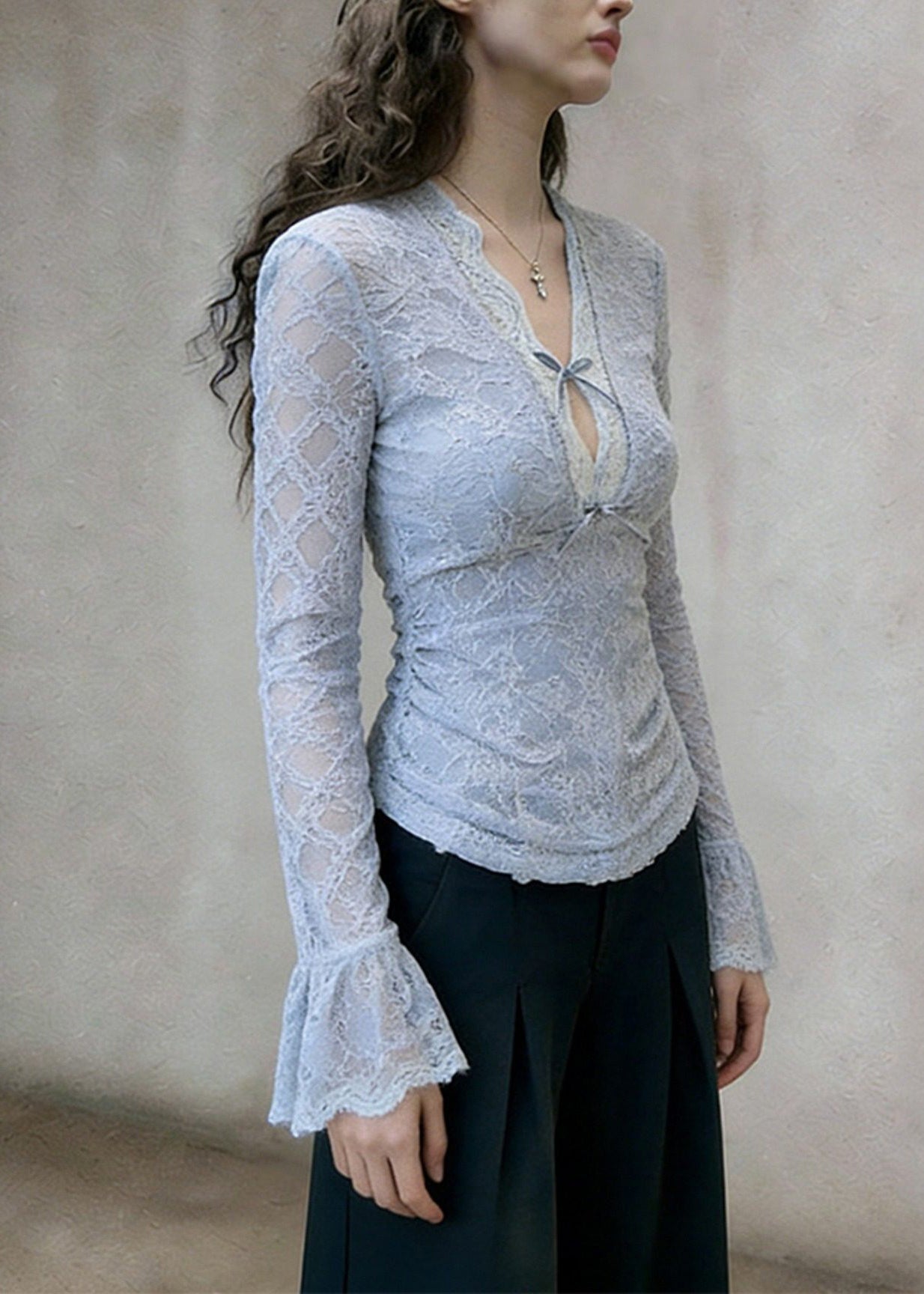 Slim Fit Blue V Neck Bow Lace T Shirt Flare Sleeve