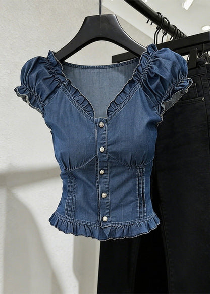 Slim Fit Blue V Neck Ruffled Denim Shirt Short Sleeve