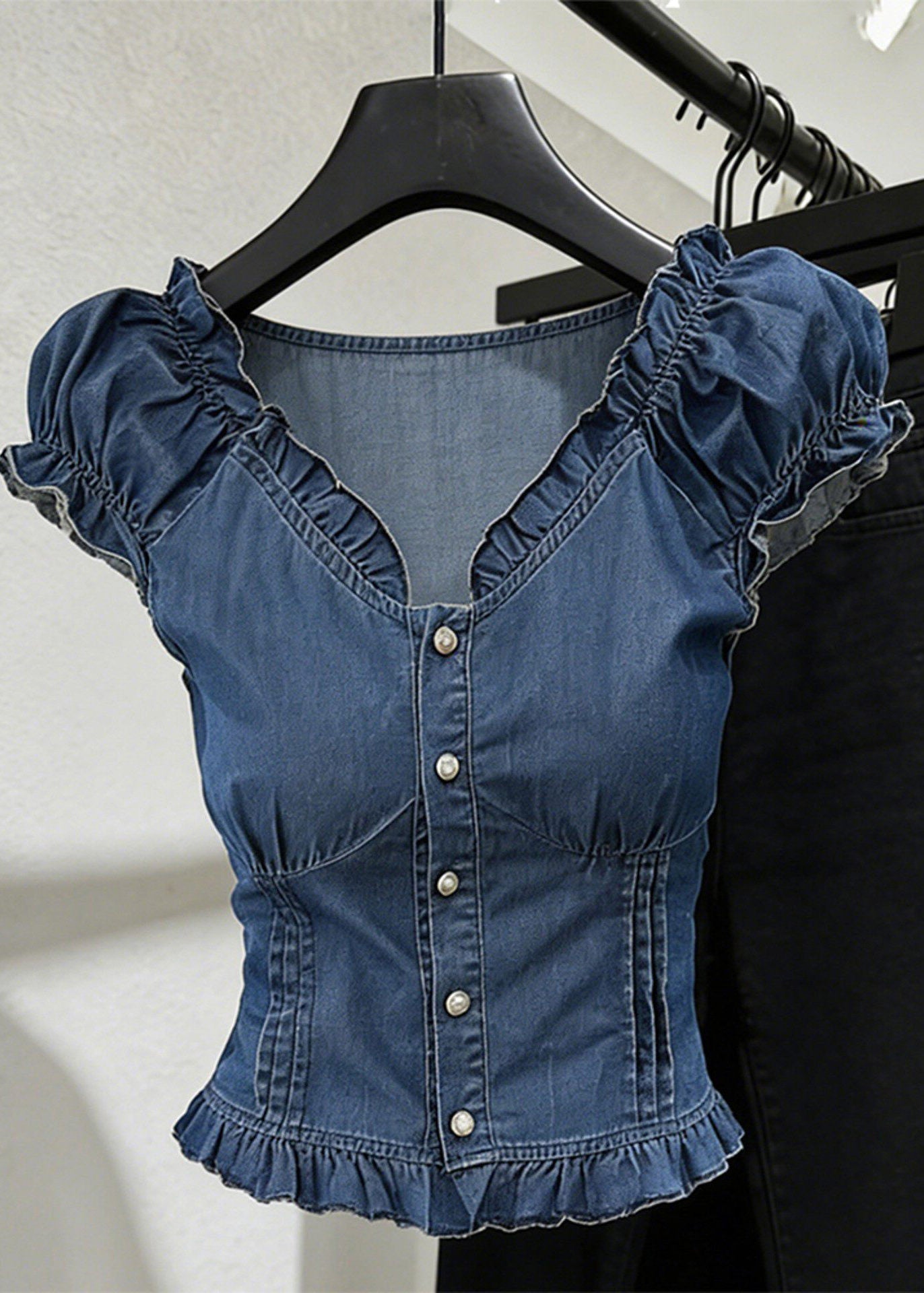Slim Fit Blue V Neck Ruffled Denim Shirt Short Sleeve
