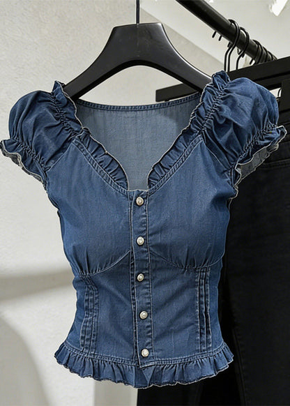 Slim Fit Blue V Neck Ruffled Denim Shirt Short Sleeve