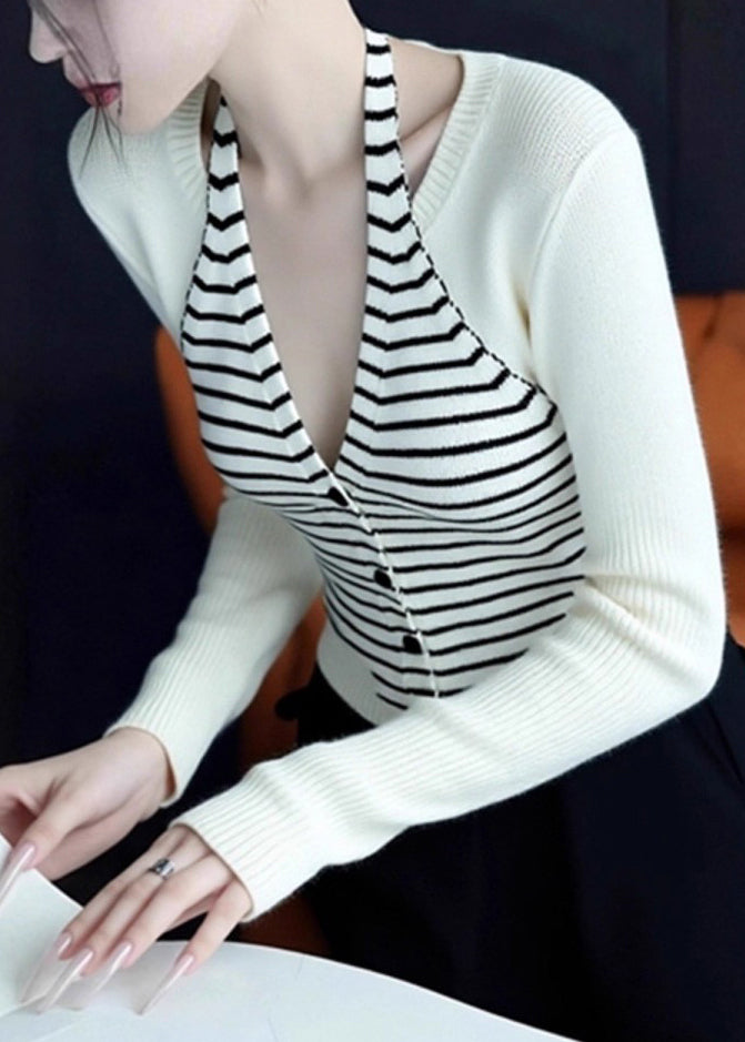 Suéteres de punto de patchwork a rayas con cuello en V azul ajustado para primavera