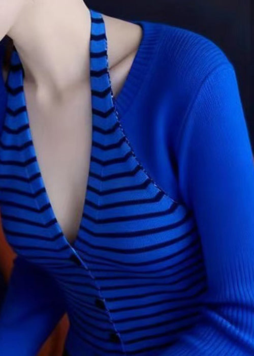 Suéteres de punto de patchwork a rayas con cuello en V azul ajustado para primavera