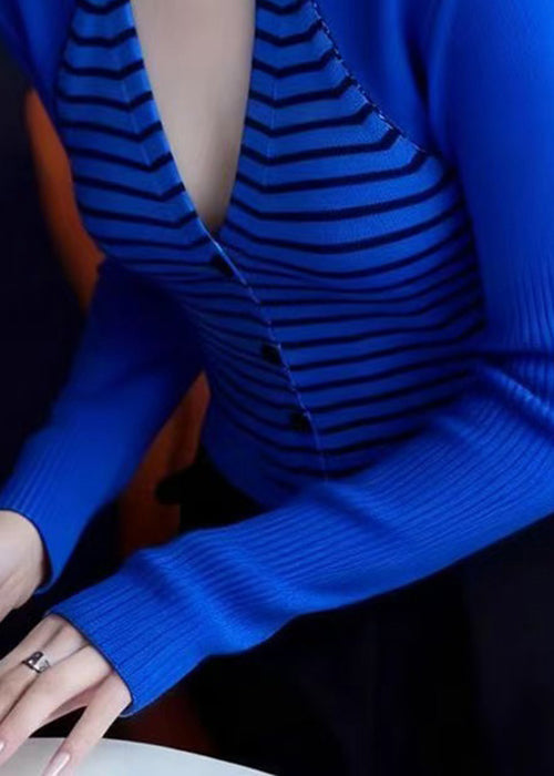 Suéteres de punto de patchwork a rayas con cuello en V azul ajustado para primavera